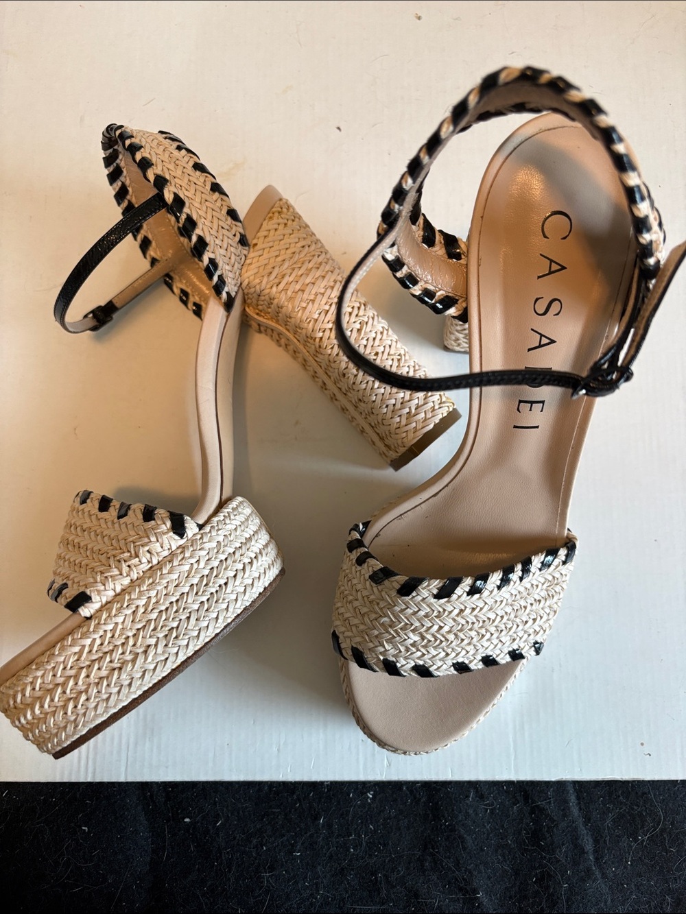 Casadei Natural Woven Platform Sandals with Black Trim